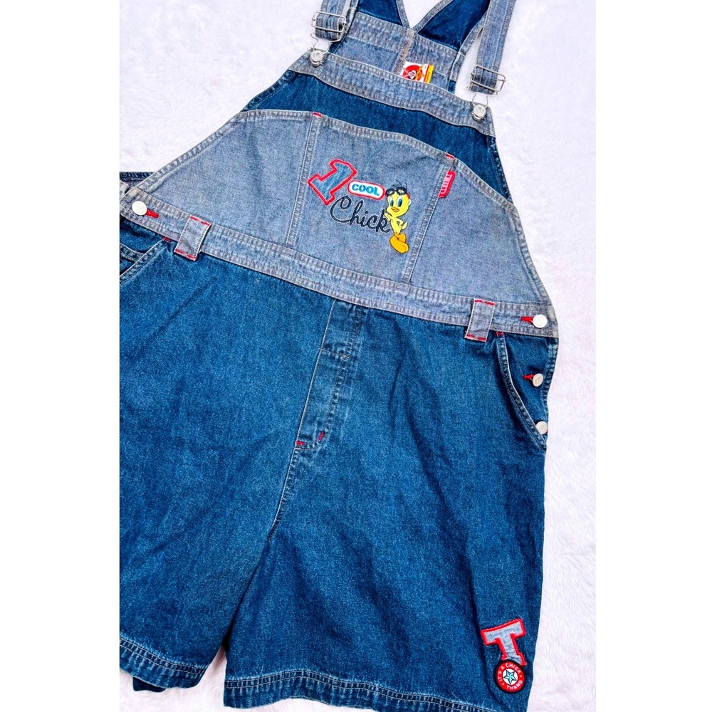 VTG 90s Looney Tunes Denim Overall Shortalls Women 22W/24W Blue Tweety Bird RARE
